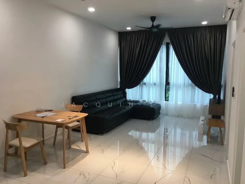 Living features: black leather sofa, wooden dining table, two wooden chairs, marble tile flooring, white painted walls, floor-to-ceiling windows, black curtains, ceiling fan with light, wall-mounted air conditioning unit; style: modern.
