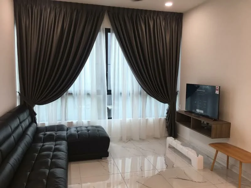 Living features: black leather sectional sofa, marble tile flooring, floor-to-ceiling windows, sheer curtains, blackout curtains, wall-mounted TV, wooden TV console, wooden side table, recessed downlights; style: modern.