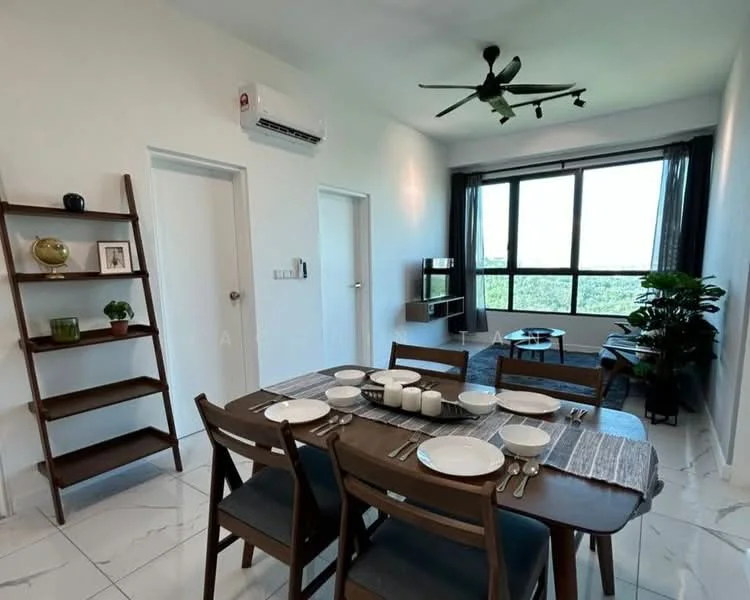 Dining features: 6-seater dining table, wooden dining chairs, table setting with plates and cutlery, decorative table runner, wall-mounted TV, floor-to-ceiling windows, greenery view outside, ceiling fan with light, white painted walls, marble tile flooring, open shelving unit, indoor plant; style: modern; view: garden. Living features: sofa, area rug, coffee table, wall-mounted TV, floor-to-ceiling windows, ceiling fan with light, white painted walls, marble tile flooring; style: modern; view: garden.