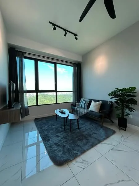 Living features: floor-to-ceiling windows, grey area rug, 2-seater fabric sofa in dark brown, wooden coffee table, TV console, wall-mounted TV, recessed LED downlights, ceiling fan, decorative plant, black curtains, white painted walls, marble tile flooring; style: modern; view: city.