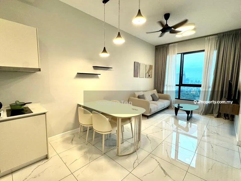 Living features: white painted walls, marble tile flooring, 5-blade ceiling fan with light, sofa in light grey fabric, round dining table, 4 white dining chairs, floor-to-ceiling window, curtains, decorative wall shelves, recessed downlights; style: modern; view: city.