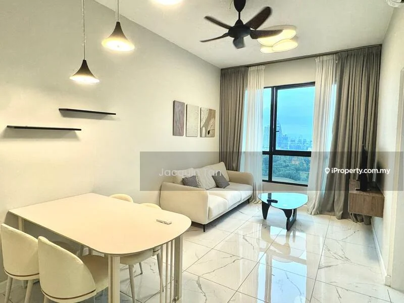 Living features: white painted walls, marble tile flooring, 5-blade ceiling fan with light, recessed LED downlights, floor-to-ceiling windows, curtains, 3-seater fabric sofa in beige, coffee table, 6-seater dining table, 4 dining chairs, decorative wall art, area rug; style: modern; view: city.