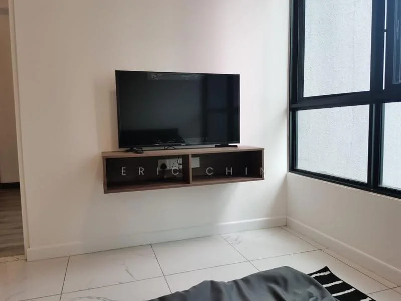 Room features: wall-mounted TV, wooden TV console, white walls, large window, black window frames, marble tile flooring, black and white area rug; style: modern.
