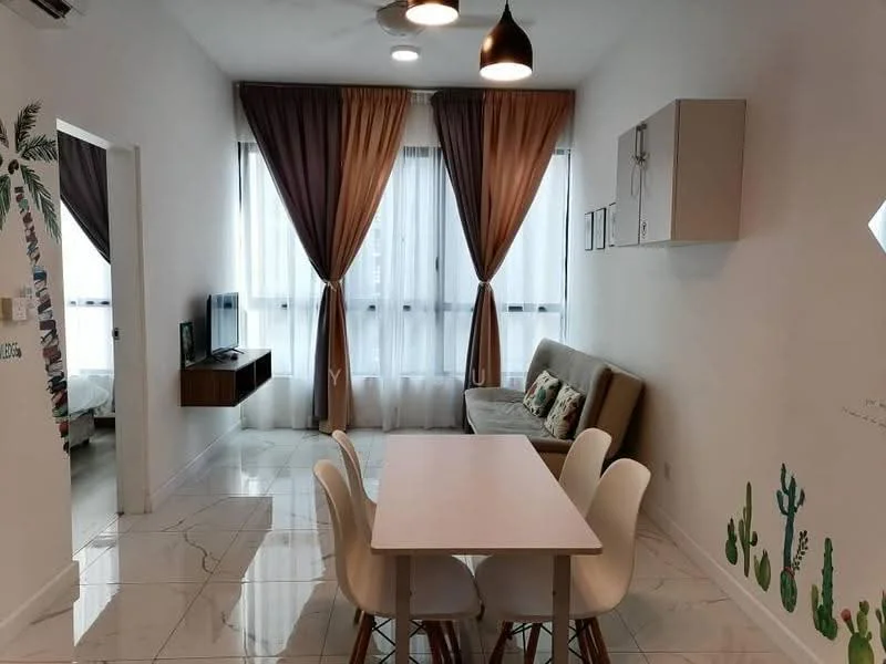 Living features: white painted walls, marble tile flooring, floor-to-ceiling windows, sheer curtains, dark brown curtains, ceiling fan with light, sofa, dining table with four chairs, wall-mounted TV, wooden TV console, decorative wall art; style: modern.