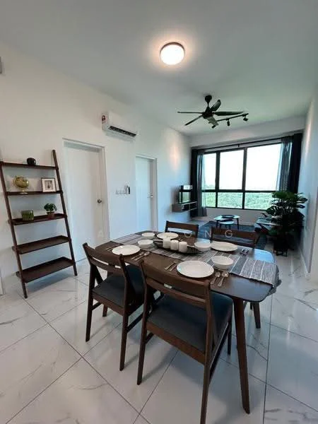 Dining features: 6-seater dining table, wooden dining chairs, white plates, cutlery set, table runner, ceiling fan with light, wall-mounted air conditioning unit, large window with curtains, decorative shelf with plants, greenery view outside, marble tile flooring, white painted walls, sofa in background, coffee table in background; style: modern; view: garden.