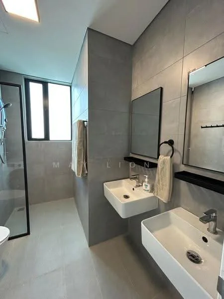 Bathroom features: grey tiled walls, light grey tiled flooring, walk-in shower with glass enclosure, chrome shower head, wall-mounted sink, black wall-mounted mirror, black towel rack, black faucet, toilet, window with natural light; style: modern.