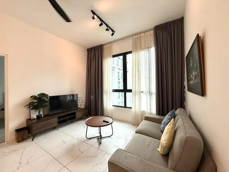 Living features: grey fabric sofa, round coffee table, wall-mounted TV, TV console with storage, floor-to-ceiling windows, sheer curtains, blackout curtains, recessed LED downlights, track lighting, marble tile flooring, decorative artwork on wall; style: modern.