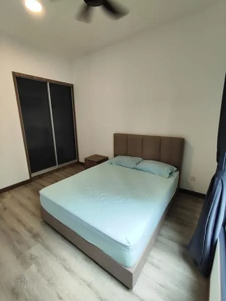 Bedroom features: queen-size bed with light blue bedding, upholstered headboard, nightstand with drawer, built-in wardrobe with sliding doors, wooden flooring, white painted walls, ceiling fan, curtains; style: modern.