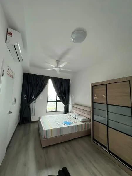 Bedroom features: queen-size bed, upholstered headboard, bedside lamps, built-in wardrobe with glass panels, wall-mounted split AC, 5-blade ceiling fan, floor-to-ceiling window, curtains, wooden flooring, decorative wall art; style: modern; view: city.