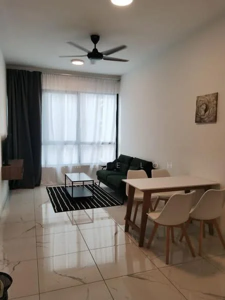 Living features: 3-seater fabric sofa in green, white dining table, 4 white dining chairs, black coffee table, black and white striped area rug, floor-to-ceiling windows with sheer curtains, recessed downlights, ceiling fan, marble tile flooring, wall-mounted TV console; style: modern.