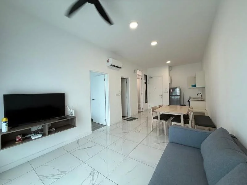 Living features: grey fabric sofa, coffee table, wall-mounted TV, TV console, dining table with chairs, white painted walls, marble tile flooring, ceiling fan, wall-mounted split AC, refrigerator, kitchen cabinetry, sink, door to hallway; style: modern.