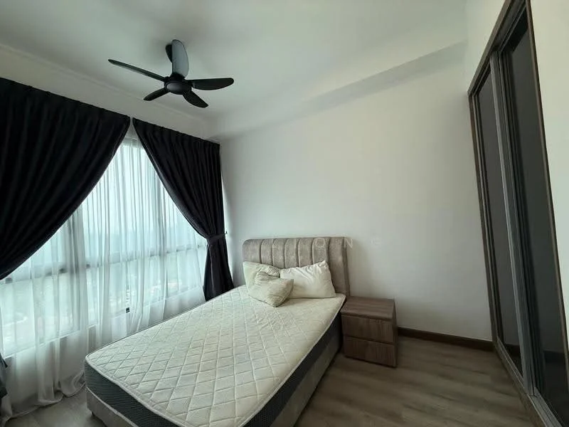 Bedroom features: queen-size bed, upholstered headboard, nightstand, floor-to-ceiling windows, sheer curtains, blackout curtains, 5-blade ceiling fan, laminate flooring, built-in wardrobe, decorative wall, neutral wall color; style: modern; view: city.