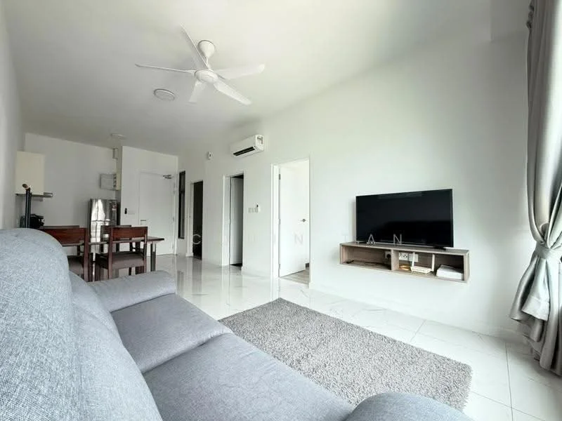 Living features: grey fabric sofa, area rug with neutral color, wall-mounted TV, TV console, 5-blade ceiling fan with light, recessed downlights, white painted walls, glossy tile flooring, curtains, dining table with chairs visible in background, air conditioning unit; style: modern.