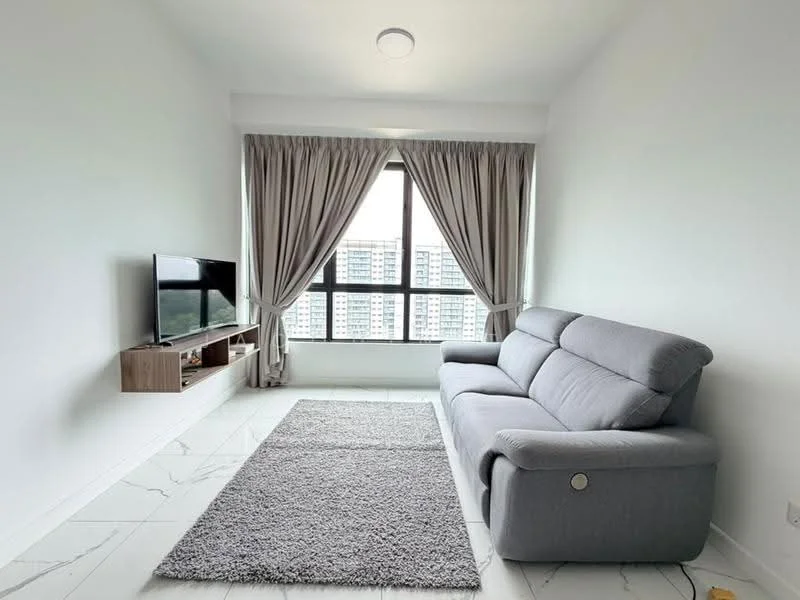 Living features: grey fabric 3-seater sofa, wall-mounted TV, wooden TV console, white painted walls, marble tile flooring, large floor-to-ceiling windows, sheer curtains, area rug with grey color; style: modern; view: city.