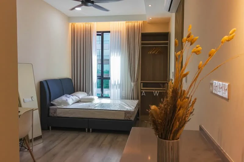 Bedroom features: queen-size bed, upholstered headboard, wooden flooring, floor-to-ceiling window, sheer curtains, built-in wardrobe, ceiling fan, decorative vase with dried flowers, dressing table with mirror, wall-mounted electrical outlets; style: modern; view: garden.
