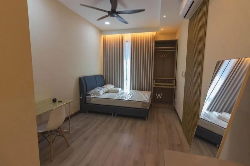 Bedroom features: queen-size bed, upholstered headboard, wooden flooring, floor-to-ceiling window, sheer curtains, built-in wardrobe, study desk, chair, mirror, ceiling fan with light; style: modern.