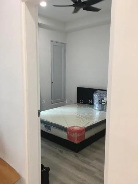 Bedroom features: queen-size bed, mattress with protective cover, light wood flooring, white painted walls, ceiling fan, built-in wardrobe, door leading to hallway; style: modern.