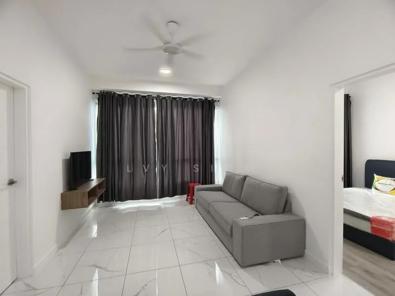 Living features: grey fabric sofa, wall-mounted TV, floating wooden TV console, white painted walls, marble tile flooring, ceiling fan, blackout curtains, large windows; style: modern. Room features: white painted walls, doorway leading to another room.