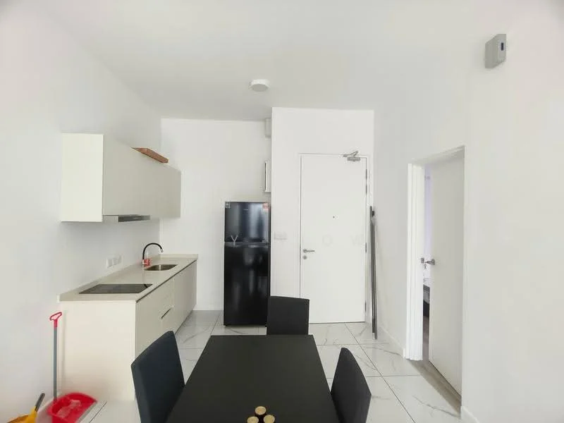 Kitchen features: white cabinetry, black fridge, single-bowl stainless-steel sink, chrome pull-down faucet, white countertop, tile flooring, dining table with black chairs, door leading to hallway, wall-mounted light fixture, open layout; style: modern.