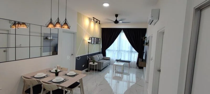 Living features: white painted walls, grey accent wall, marble tile flooring, 5-blade ceiling fan with light, floor-to-ceiling windows, blackout curtains, sofa in light grey, coffee table, TV console, decorative wall shelf, dining table for 4, upholstered dining chairs, pendant lighting, wall-mounted air conditioning unit; style: modern.