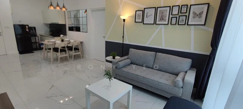 Living features: grey fabric sofa, white coffee table, marble tile flooring, wall-mounted artwork, pendant lighting, black curtains, decorative plant, accent wall with geometric design; style: modern. Kitchen features: white cabinetry, black countertop, stainless-steel fridge, built-in oven, 4-burner gas hob, black backsplash, dining table with 4 chairs; style: modern.
