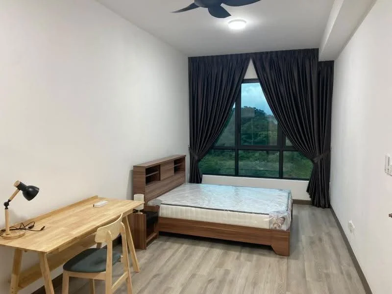Bedroom features: queen-size bed, wooden bed frame, study desk with wooden surface, wooden chair, floor-to-ceiling window, blackout curtains, light grey walls, laminate flooring, ceiling fan with light, decorative wall light; style: modern; view: garden.
