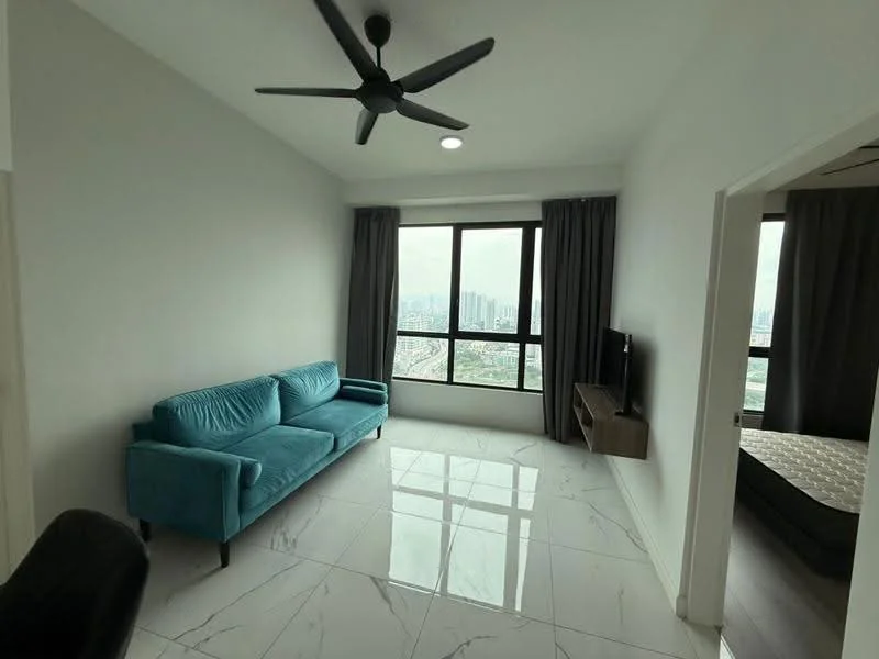 Living features: 3-seater fabric sofa in teal, floor-to-ceiling windows, grey curtains, wall-mounted TV, wooden TV console, marble tile flooring, ceiling fan with light, recessed downlights, decorative wall, city view; style: modern; view: city.