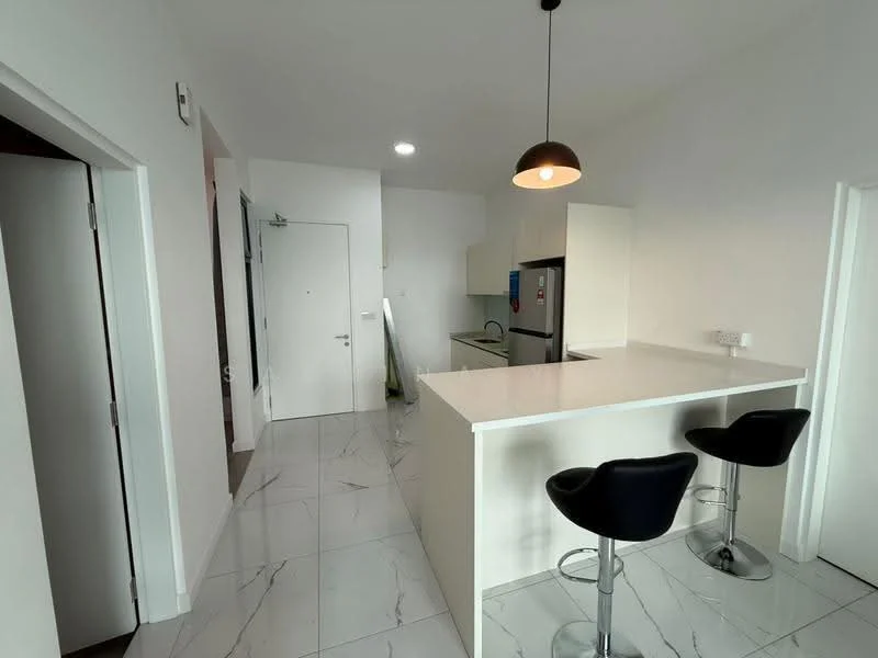 Kitchen features: white cabinetry, marble tile flooring, white countertop, stainless-steel fridge, built-in oven, pendant light, bar stools, open layout, wall-mounted cabinets, single-bowl stainless-steel sink, chrome pull-down faucet; style: modern.