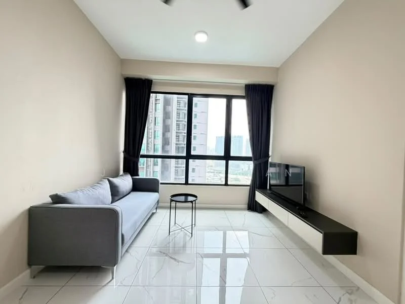 Living features: grey fabric sofa, round black side table, wall-mounted TV, white wall, cream painted walls, large floor-to-ceiling windows, black curtains, white glossy tile flooring, recessed ceiling lights, ceiling fan; style: modern; view: city.