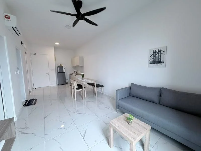 Living features: grey fabric sofa, wooden coffee table, dining table for 4, black dining chairs, marble tile flooring, white painted walls, ceiling fan, refrigerator, kitchen cabinetry, wall-mounted light fixture, decorative wall art; style: modern.