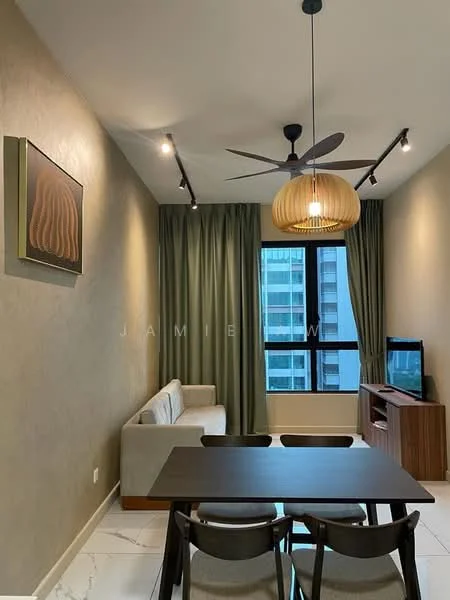 Dining features: round dining table, 4 dining chairs, 3-seater fabric sofa in light grey, wooden TV console, wall-mounted TV, pendant light with woven shade, 5-blade ceiling fan, floor-to-ceiling windows, green curtains, framed artwork on wall, marble tile flooring, painted accent wall in beige; style: modern; view: city.