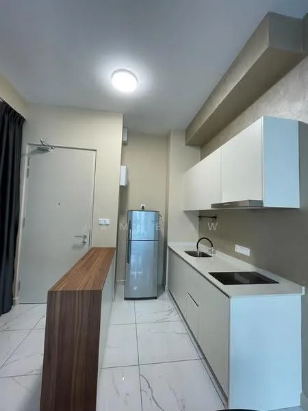 Kitchen features: white cabinetry, wooden countertop, single-bowl stainless-steel sink, chrome pull-down faucet, built-in oven, stainless-steel fridge, marble tile flooring, recessed ceiling lights, grey accent wall, wall-mounted cabinets; style: modern.