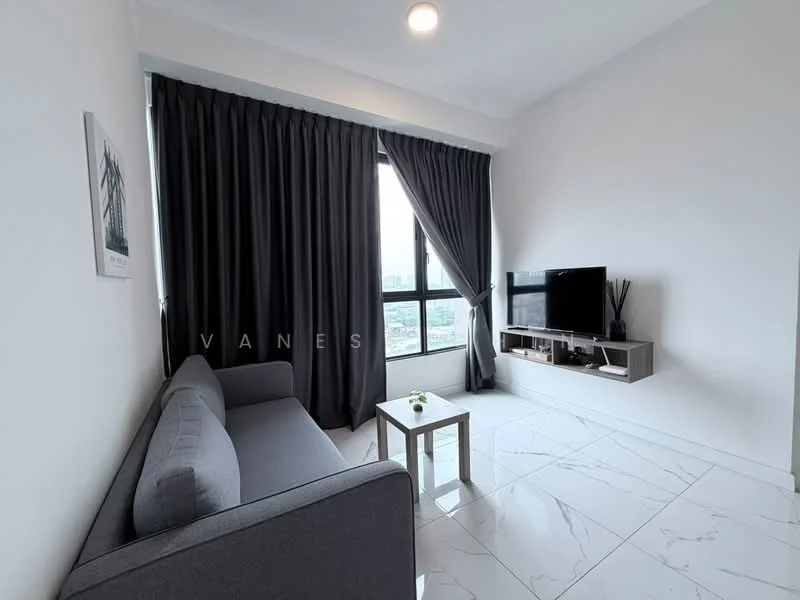 Living features: grey fabric sofa, white coffee table, wall-mounted TV, TV console with storage, floor-to-ceiling windows, blackout curtains, marble tile flooring, recessed downlights, decorative plant; style: modern; view: city.