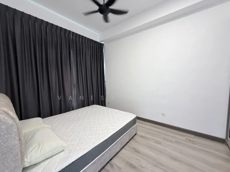 Bedroom features: grey curtains, light wood laminate flooring, ceiling fan, unmade bed with mattress, white painted walls; style: modern.