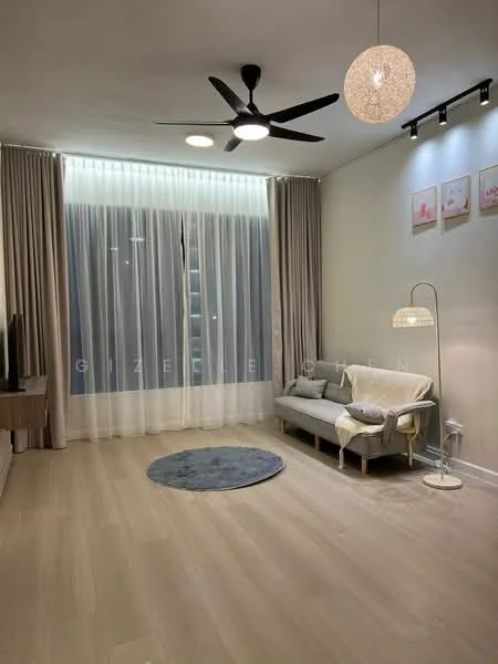 Living features: light wood flooring, white painted walls, floor-to-ceiling windows, sheer curtains, 5-blade ceiling fan with light, pendant light, sofa in light grey fabric, round area rug in grey, decorative wall art, wall-mounted TV, side lamp, recessed lighting; style: modern; view: city.