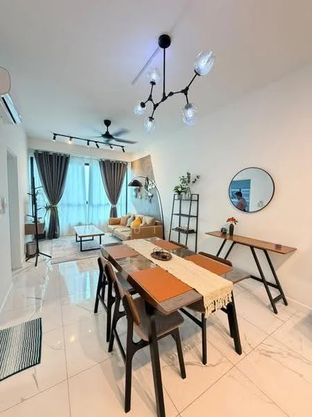 Dining features: 6-seater dining table, black dining chairs, white table runner, pendant light fixture, recessed downlights, floor-to-ceiling windows, sheer curtains, area rug with geometric pattern, decorative mirror, wall-mounted shelving unit, sofa with yellow cushions, coffee table, decorative plants; style: modern; view: city.