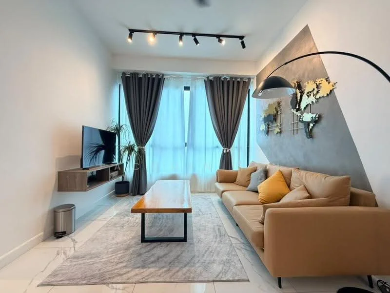 Living features: beige leather sofa, wood coffee table, grey area rug, wall-mounted TV, TV console, floor-to-ceiling windows, sheer curtains, dark grey accent wall, recessed downlights, decorative wall art, indoor plant, waste bin; style: modern; view: city.