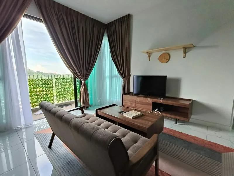 Living features: 3-seater fabric sofa in grey, wooden coffee table, wall-mounted TV, TV console, floor-to-ceiling windows, sheer curtains, dark brown curtains, decorative wall clock, shelf mounted on wall, area rug with geometric pattern, white painted walls, glossy tile flooring; style: modern; view: garden.