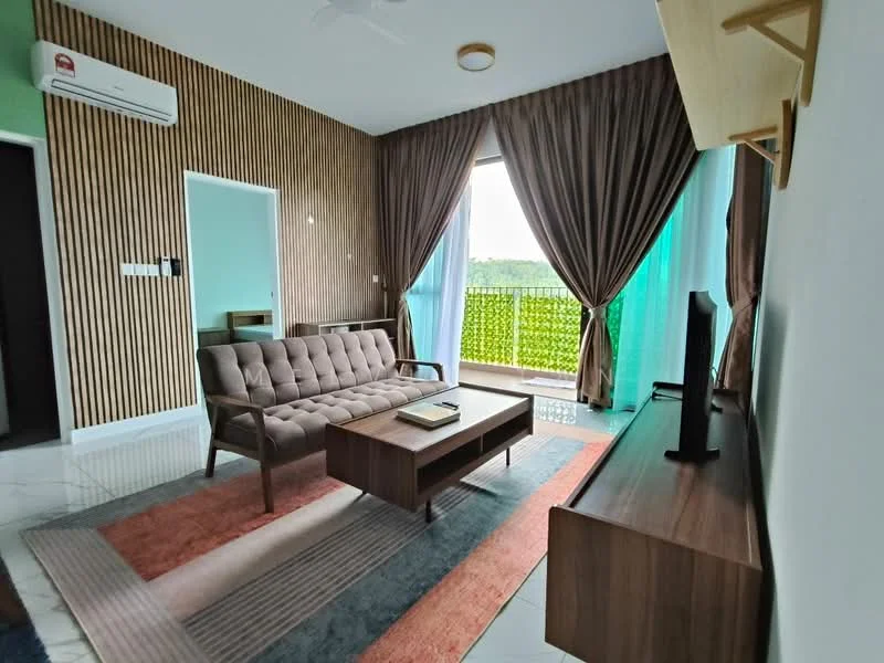 Living features: 3-seater fabric sofa in brown, wooden coffee table, TV console, wall-mounted TV, area rug with geometric pattern, floor-to-ceiling windows, sheer curtains in turquoise, dark brown curtains, wood panel accent wall, recessed ceiling lights, white walls, marble tile flooring, ceiling fan; style: modern; view: garden.