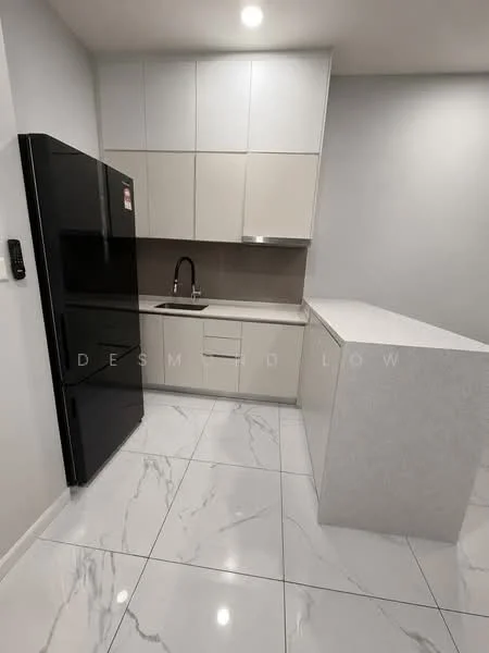 Kitchen features: black refrigerator, single-bowl stainless-steel sink, chrome pull-down faucet, white upper cabinets, beige lower cabinets, grey quartz countertop, marble tile flooring, recessed downlights, wall-mounted control panel; style: modern.