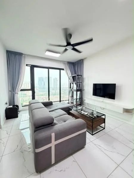 Living features: 3-seater fabric sofa in grey, ceiling fan with light, coffee table with wooden top, TV console with wall-mounted TV, floor-to-ceiling windows, sheer curtains, marble tile flooring, decorative shelving unit, LED ceiling light, view of city skyline; style: modern; view: city.