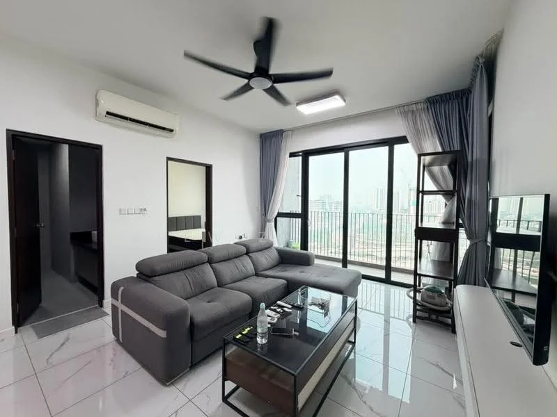 Living features: 3-seater fabric sofa in grey, coffee table with glass top, wall-mounted TV, TV console, floor-to-ceiling windows, curtains, marble tile flooring, 1 wall-mounted split AC, ceiling fan with light, decorative shelving unit, area rug; style: modern; view: city. Room features: white painted walls, doorway leading to hallway.
