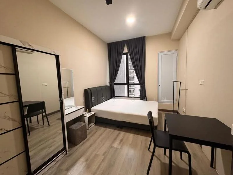 Bedroom features: queen-size bed, upholstered headboard, floor-to-ceiling window, grey curtains, wooden flooring, mirror wardrobe, study desk, black chair, wall-mounted air conditioning unit, light fixture on ceiling; style: modern; view: city.