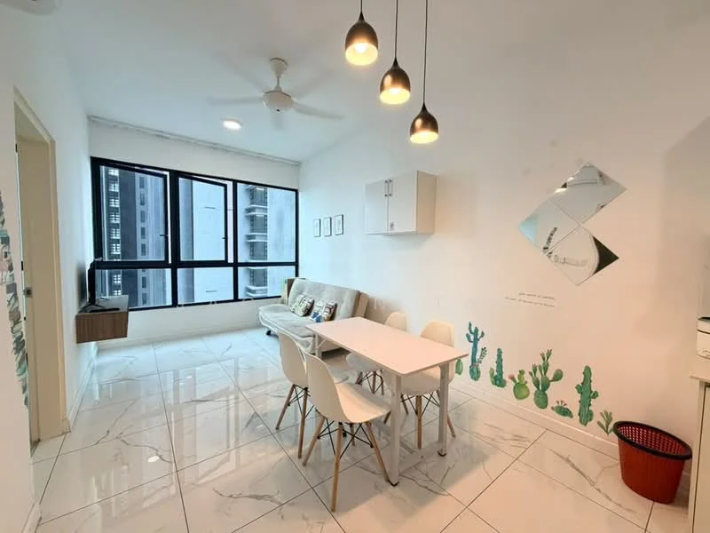 Living features: white painted walls, marble tile flooring, 5-blade ceiling fan with light, floor-to-ceiling windows, sofa in light grey fabric, white dining table, 4 white dining chairs, decorative wall mirror, wall-mounted TV, decorative wall art with cacti, built-in cabinet, red waste bin; style: modern; view: city.