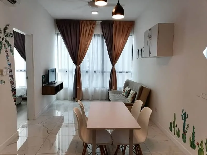 Living features: white painted walls, marble tile flooring, floor-to-ceiling windows, sheer curtains, dark brown curtains, 3-seater fabric sofa in beige, wooden TV console, wall-mounted TV, dining table for four, white dining chairs, decorative wall art, ceiling fan with light; style: modern.