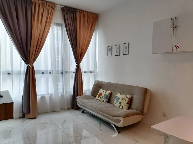Living features: sofa bed in light grey, two decorative cushions with floral pattern, floor-to-ceiling windows, sheer white curtains, draped curtains in beige and brown, white painted walls, marble tile flooring, wall-mounted cabinet in white; style: modern.