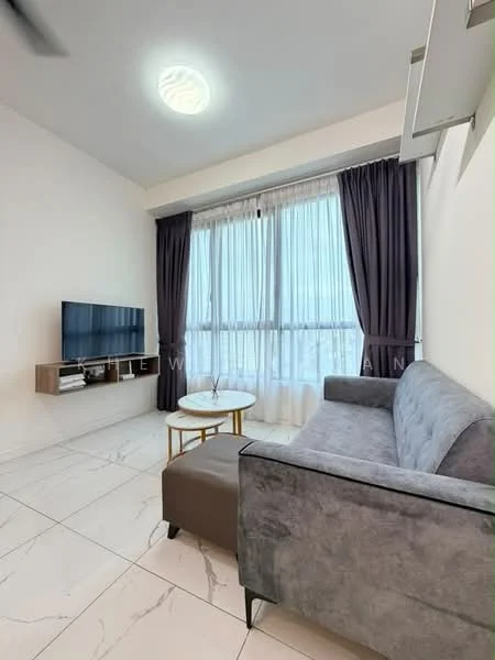 Living features: grey fabric sofa, round coffee table with gold legs, wall-mounted TV, white walls, large windows with sheer curtains, marble tile flooring, ceiling light fixture, ceiling fan; style: modern.