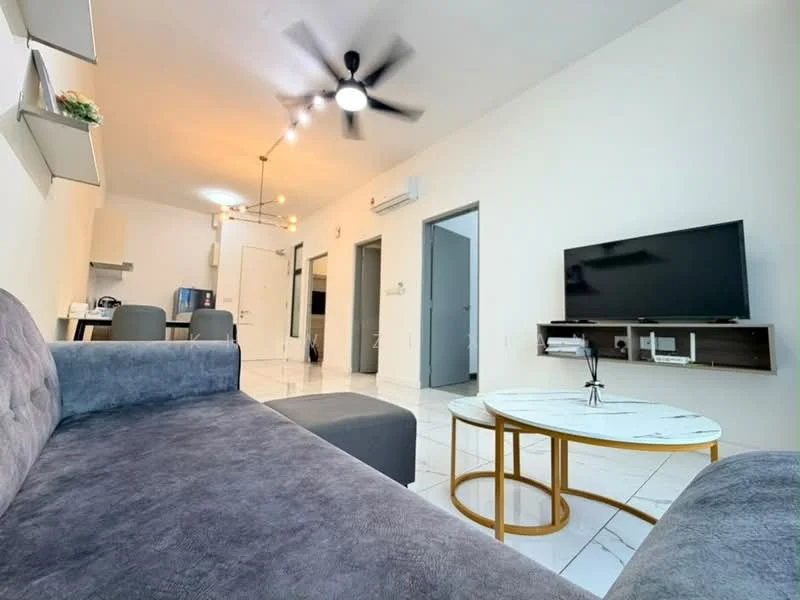 Living features: grey fabric sofa, coffee table with marble top and gold legs, wall-mounted TV, TV console, 5-blade ceiling fan with light, recessed downlights, white painted walls, marble flooring, open layout to kitchen and dining area, decorative plant on shelf; style: modern.