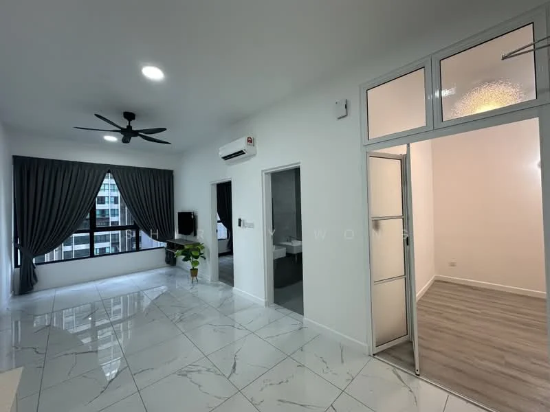 Living features: marble tile flooring, white painted walls, 5-blade ceiling fan with light, floor-to-ceiling windows, grey curtains, wall-mounted TV, indoor plant, air conditioning unit; style: modern; view: city. Room features: wood laminate flooring, white painted walls, glass door, recessed downlights.