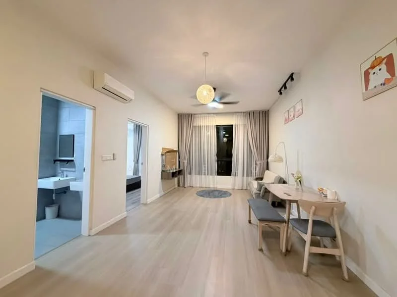 Living features: light wood flooring, white painted walls, ceiling fan, pendant light, floor-to-ceiling windows, sheer curtains, sofa with cushions, dining table with chairs, decorative wall art, area rug; style: modern. Bathroom features: white tiled walls, grey tiled flooring, single-sink vanity with mirror, toilet, shower area, wall-mounted faucet; style: modern. Bedroom features: dark wood flooring, white painted walls, queen-size bed, built-in wardrobe, bedside lamps; style: modern.